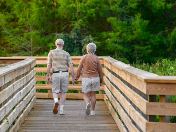 Two people, seen from behind, walk hand-in-hand along a wooden boardwalk through lush green nature, enjoying a quiet stroll.