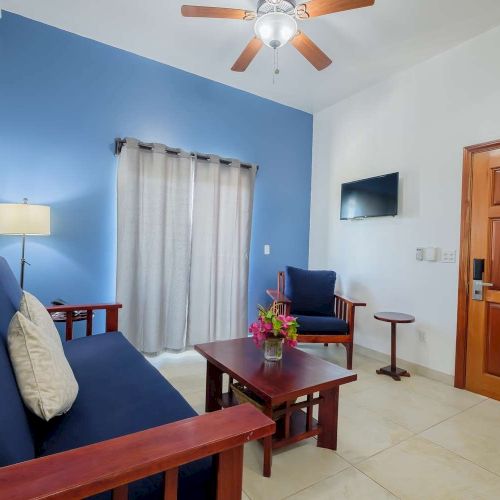 A bright living room with blue sofas, a wooden coffee table with flowers, a wall TV, curtains, and an exit door.