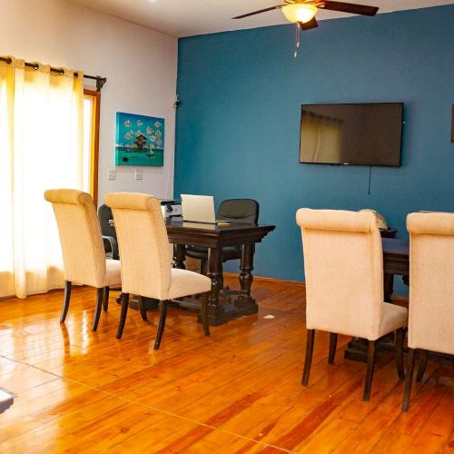 A bright office meeting room with chairs and tables, a wall-mounted TV, blue walls, curtains, and a ceiling fan.