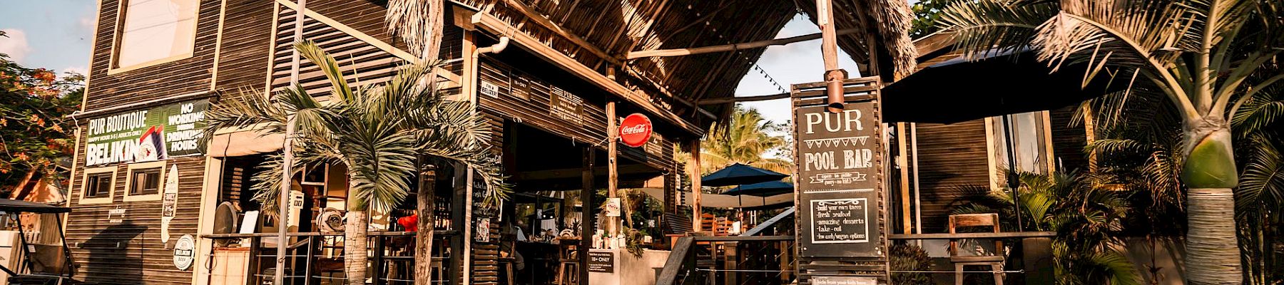Tropical &ldquo;PUR&rdquo; bar with a thatched roof and signs, palm trees, and outdoor seating in sunny weather.